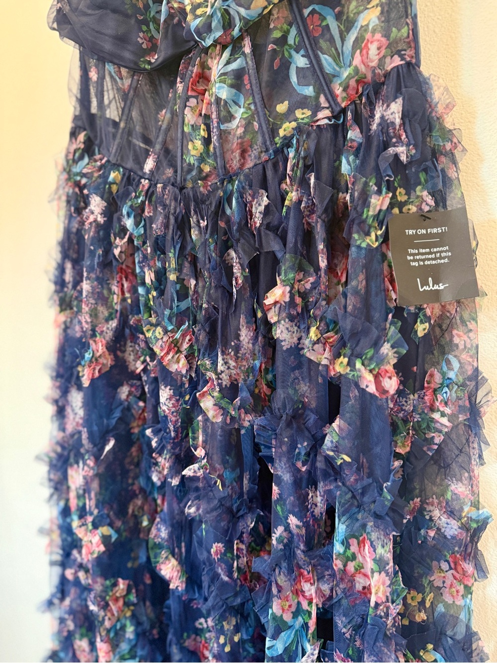 Lulu's Navy Strapless Floral Ruffle Maxi Dress - Picture 3 of 5